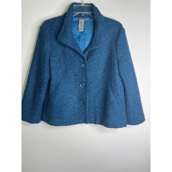 Sharon Young Short Button Front Jacket Blazer Sz 10 Knit Lined Blue - Picture 1 of 9